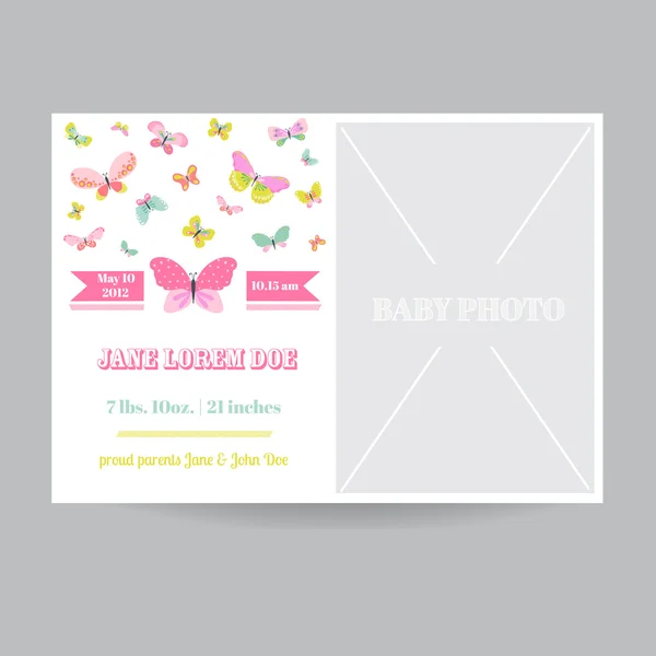 Baby flicka ankomstkortet med en fjäril tema - med plats för din Text och foto - i vektor — Stock vektor