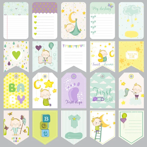 Baby Boy Tags. Bebé Banners. Etiquetas de livro de recortes. Cartas giras. Elementos de Design de Vetor . — Vetor de Stock