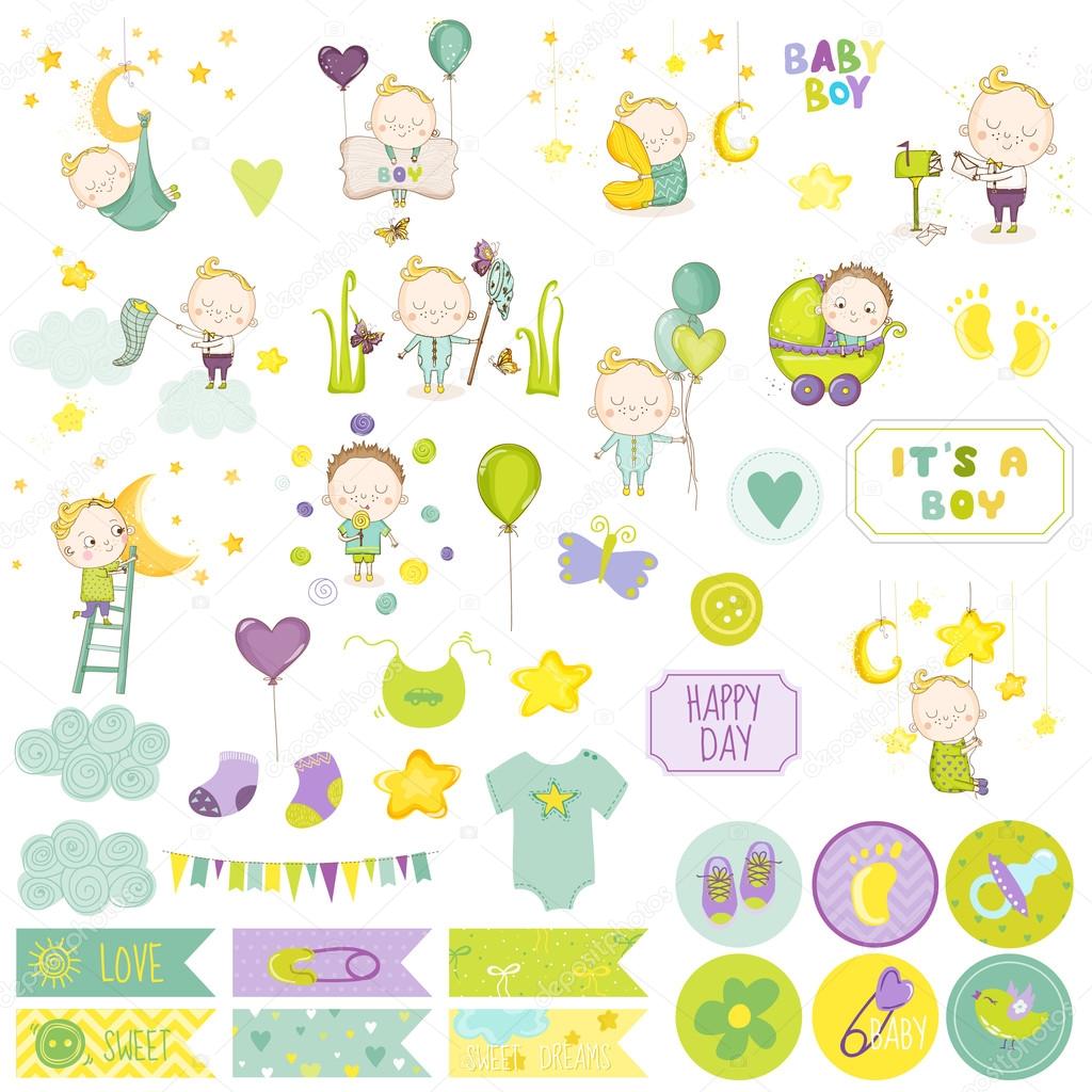 Baby Boy Scrapbook Set. Vector Scrapbooking. Decorative Elements. Baby Tags. Baby Labels. Stickers. Notes.
