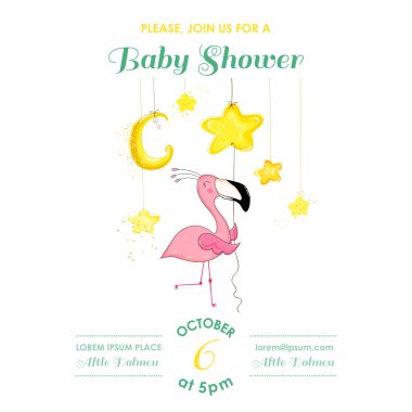 Vektör içinde duş veya varış kartı - Flamingo kız bebek - bebek