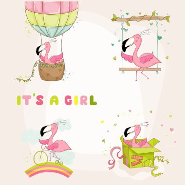 Bebek Flamingo ayarla - bebek duş veya varış kartı - vektör