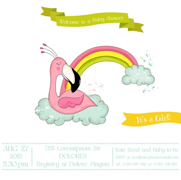 Baby Shower o Arrival Card - Baby Flamingo Girl Dormire su un arcobaleno - in vettore — Vettoriale Stock