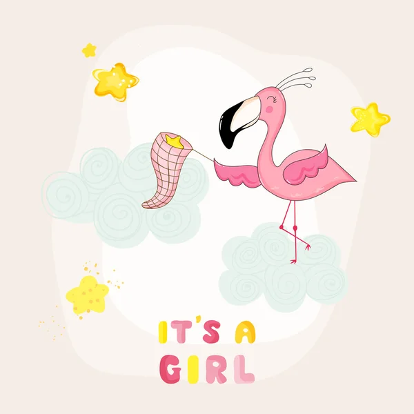 Baby Shower o Arrival Card - Baby Flamingo Girl cattura stelle - in vettore — Vettoriale Stock