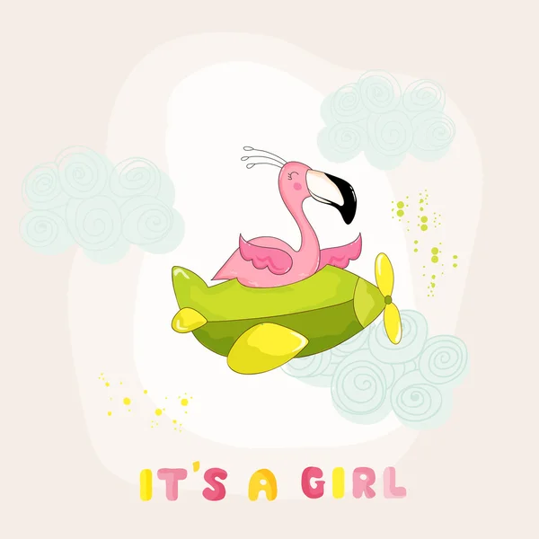 Baby Shower o Arrival Card - Baby Flamingo Girl che vola su un aereo - in vettore — Vettoriale Stock