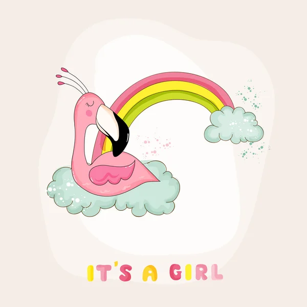 Chuveiro de bebê ou cartão de chegada - Baby Flamingo Girl deslizando em um arco-íris - no vetor —  Vetores de Stock