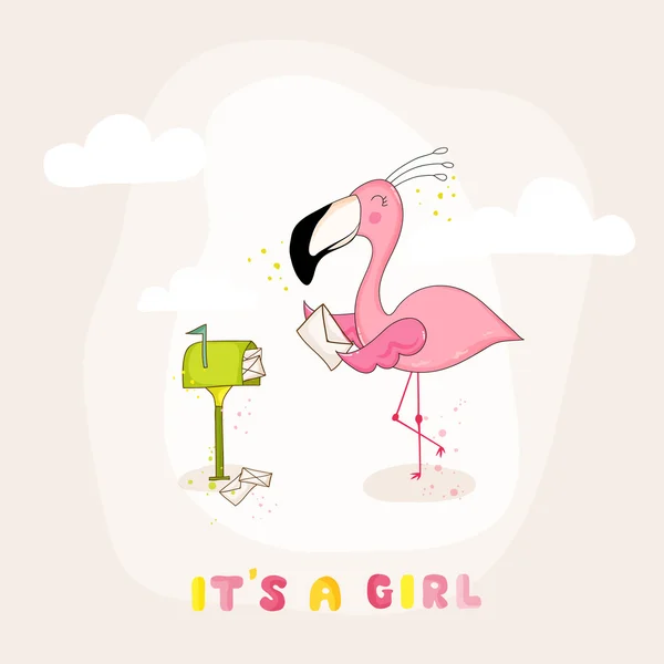 Baby Shower or Arrival Card - Baby Flamingo Girl Sending Mail - in vector — Stockvector