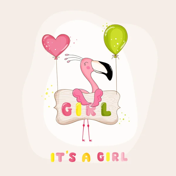Baby Shower or Arrival Card - Baby Flamingo Girl - in vector — Stock Vector