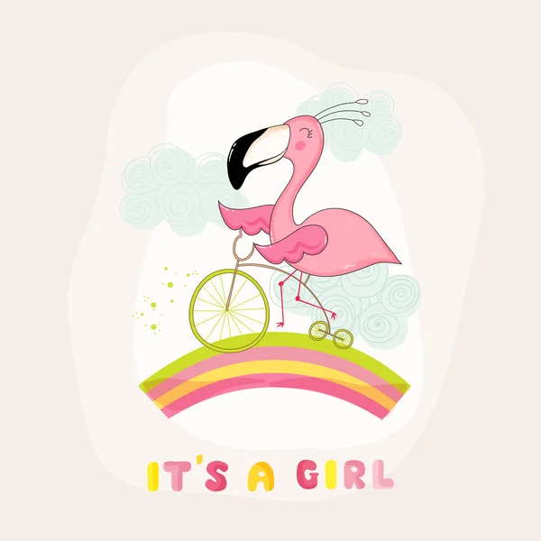 Baby Shower o Arrival Card - Baby Flamingo Girl on a Bike - in vettore — Vettoriale Stock