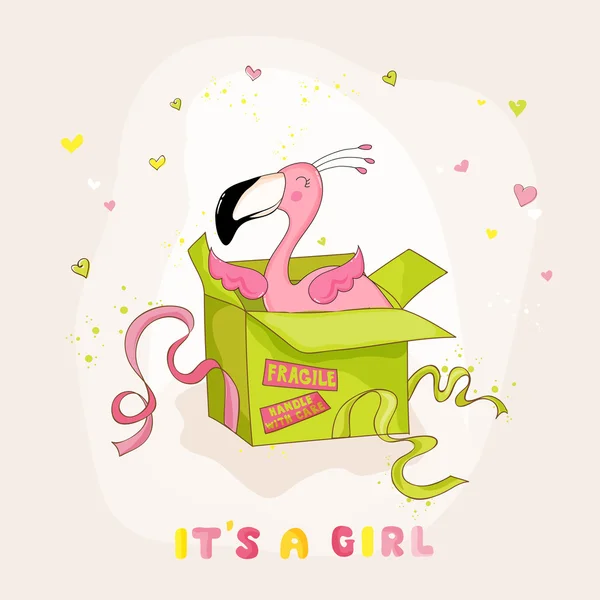 Baby Shower o tarjeta de llegada - Baby Flamingo Girl en una caja - en vector — Archivo Imágenes Vectoriales