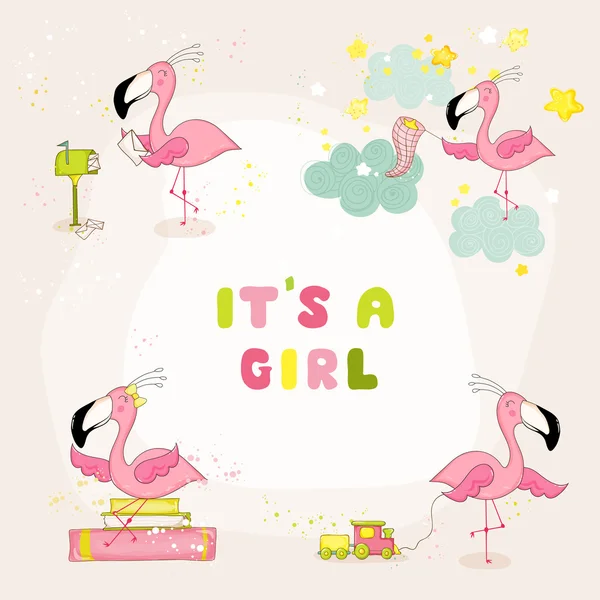 Baby Flamingo Set - Baby Shower or Arrival Card - in vector — Stock Vector