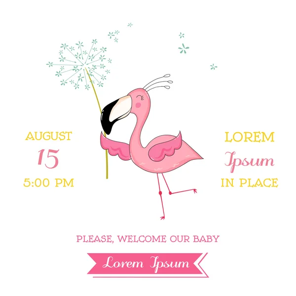 Chuveiro de bebê ou cartão de chegada - Baby Flamingo Girl voando com uma flor - no vetor — Vetor de Stock