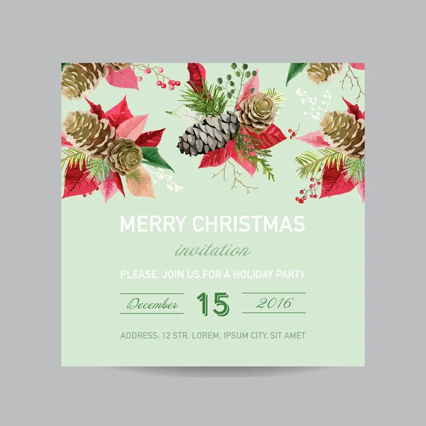 圣诞邀请松和一品红卡-水彩风格冬季背景-矢量 — 图库矢量图片