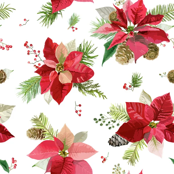 Vintage Poinsettia Flowers Background - Seamless Christmas Pattern - vector — Stock Vector