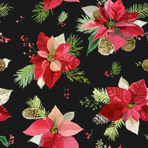 Vintage Poinsettia Fleurs Arrière-plan - Modèle de Noël sans couture - vecteur — Image vectorielle