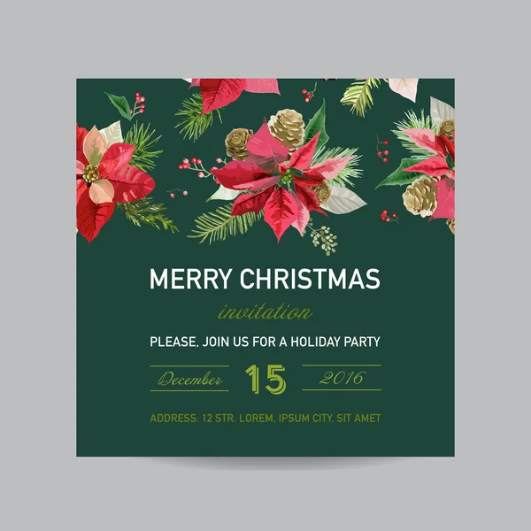 Convite de Natal Poinsettia Card - Fundo de Inverno em Estilo Aquarela - vetor — Vetor de Stock