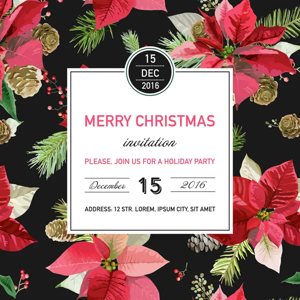 Cartão de Convite de Natal Poinsettia Vintage - Fundo de Inverno, Cartaz, Design - em Vetor — Vetor de Stock