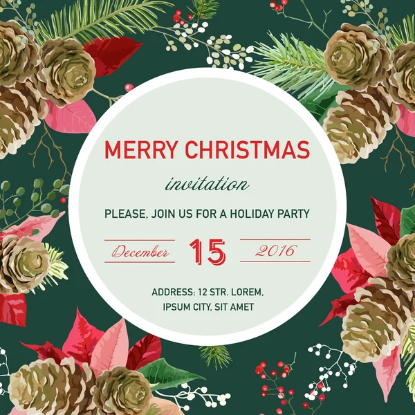 Biglietto d'invito natalizio Vintage Poinsettia - sfondo invernale, poster, design - in vettoriale — Vettoriale Stock