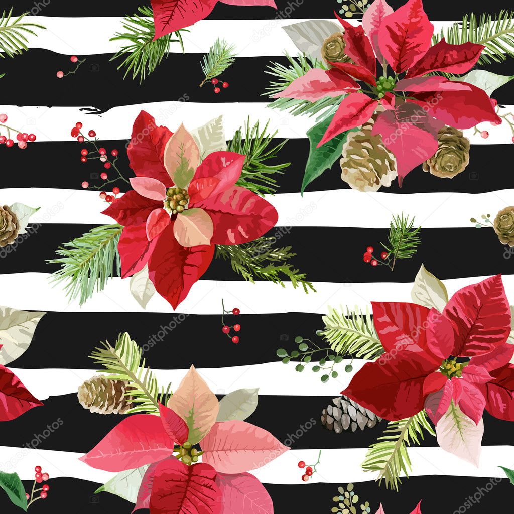 Vintage Poinsettia Flowers Background - Seamless Christmas Pattern - vector