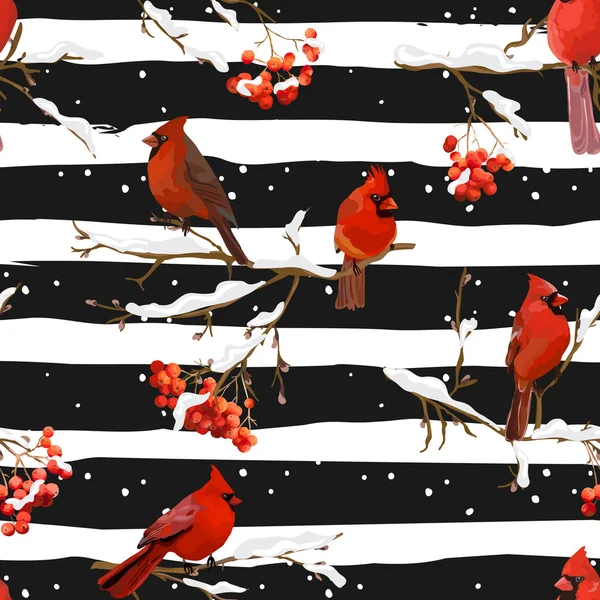 Aves de Inverno com Rowan Berries Retro fundo - Padrão sem costura - no vetor —  Vetores de Stock