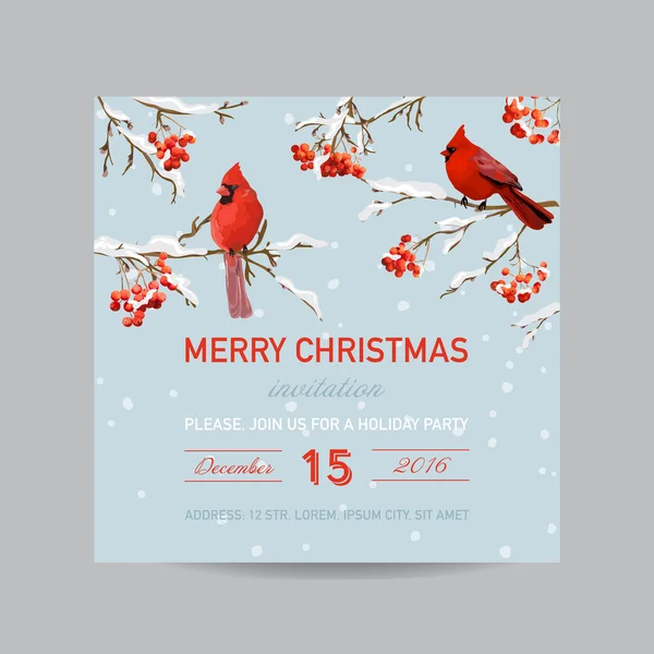 Christmas Invitation Card - Winter Birds and Berries in Watercolor Style - vector — Stock Vector