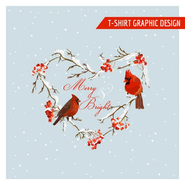 Christmas Winter Birds and Berries Diseño Gráfico - para camisetas, moda, estampados - en vector — Archivo Imágenes Vectoriales