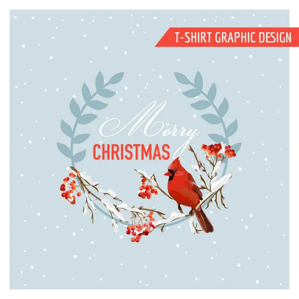 Noel kış kuşlar ve çilek grafik tasarım - t-shirt, moda, için baskılar - vektör — Stok Vektör