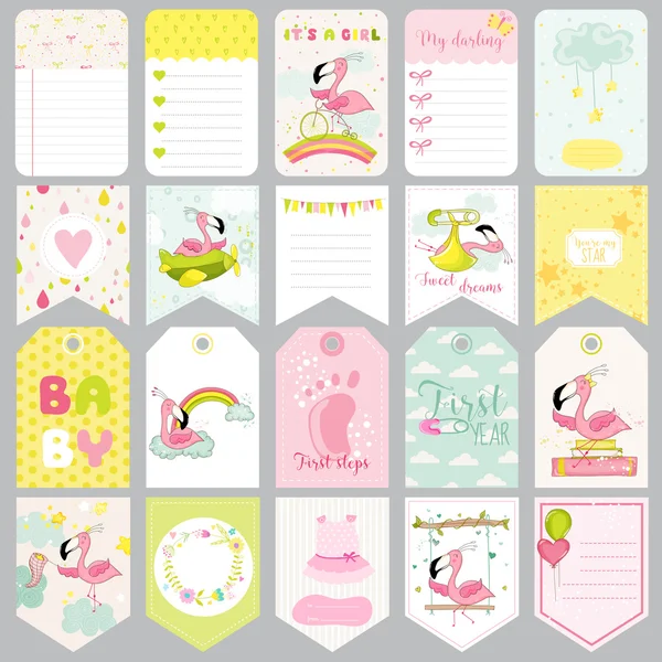 Baby Flamingo taggar. Baby Banners. Scrapbook etiketter. Söt kort. Vector designelement. — Stock vektor