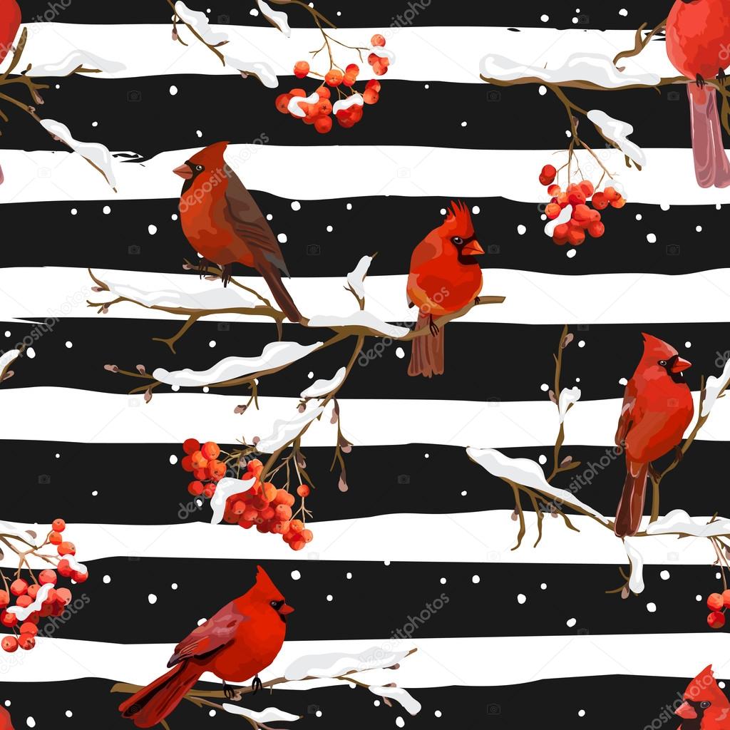 Winter Birds with Rowan Berries Retro Background - Seamless Pattern - in vector
