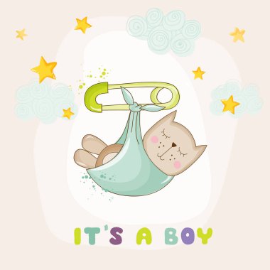 Kedi uyku - bebek duş veya varış kartı - vektörde bebeğim