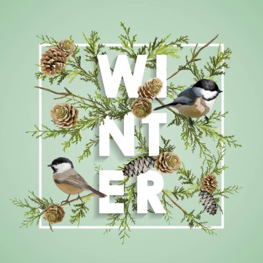 Kış Noel tasarım vektör. Kış kuşlar Pines Retro arka plan ile. T-shirt Moda grafiği.