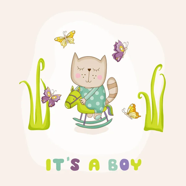 Baby Cat sur un cheval - Baby Shower ou carte d'arrivée - dans le vecteur — Image vectorielle