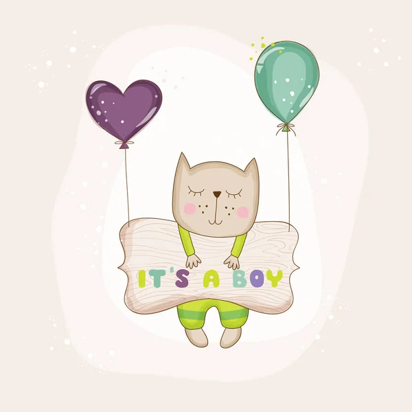 Baby Cat con Palloncini - Baby Shower o Arrival Card - in vettore — Vettoriale Stock