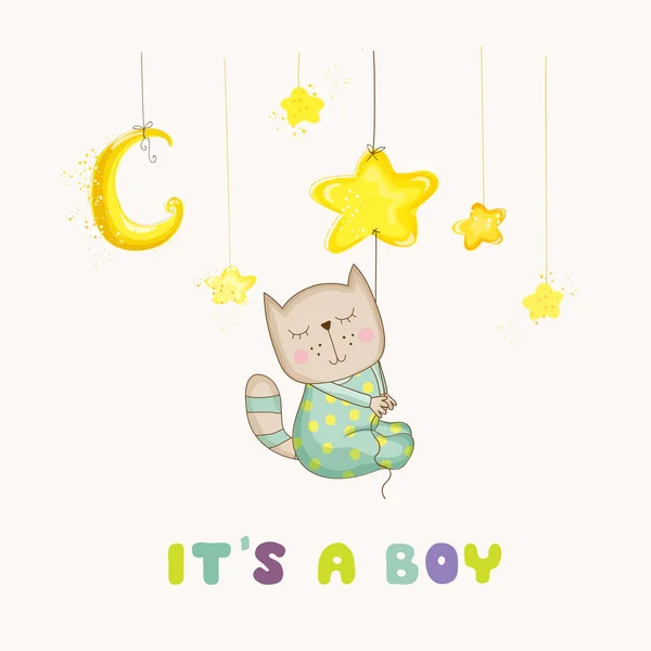 Baby Cat Dormire su una stella - Baby Shower o Arrival Card - in vettore — Vettoriale Stock