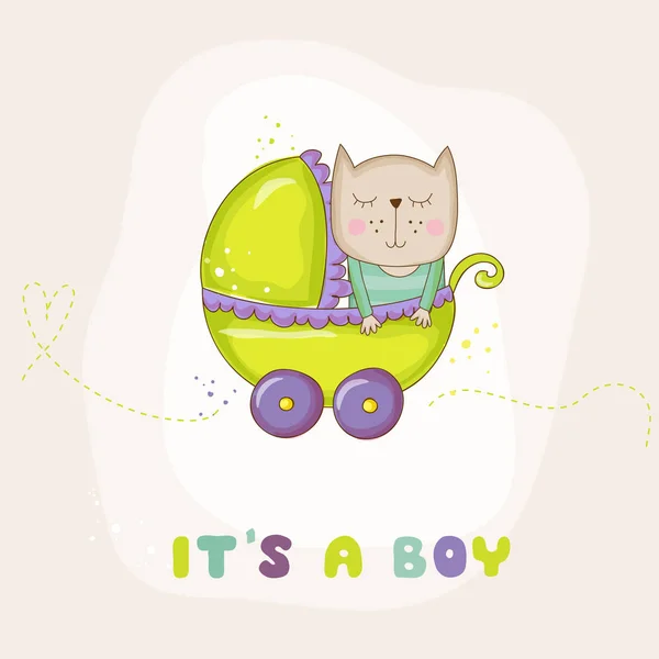 Lindo gato bebé en un transporte - Baby Shower o tarjeta de llegada - en vector — Vector de stock