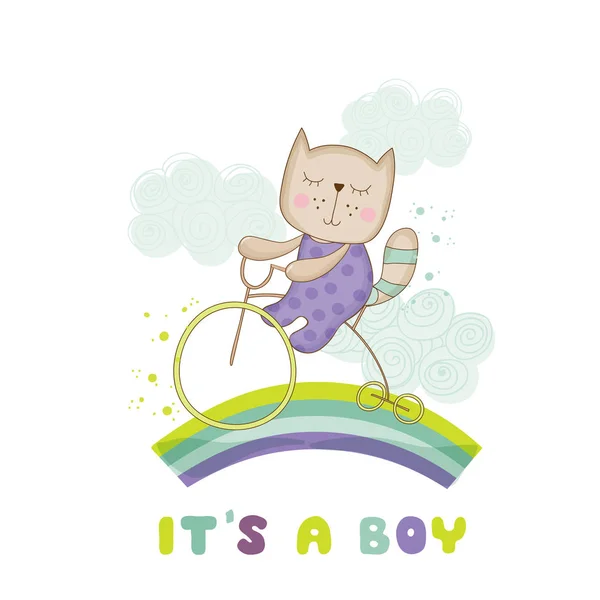 Baby Shower o Arrival Card - Baby Cat on a Bike - in vettoriale — Vettoriale Stock