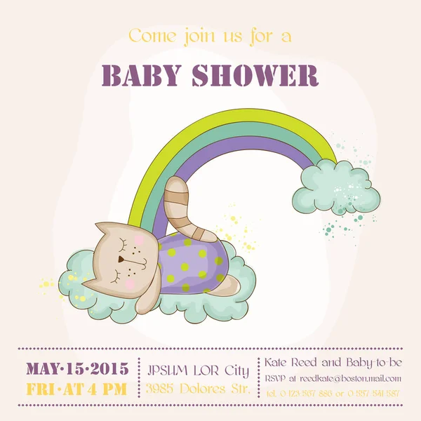 Baby Cat Dormire su un Arcobaleno - Baby Shower o Arrival Card - in vettore — Vettoriale Stock