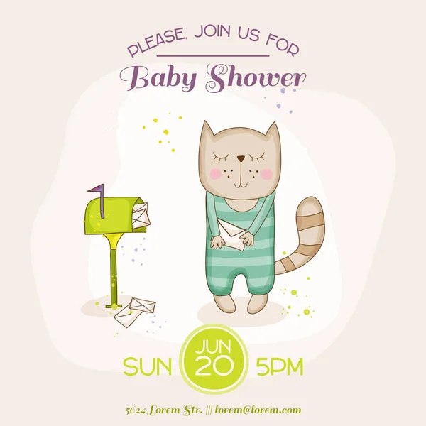 Gato bebé con correo - Baby Shower o tarjeta de llegada - en vector — Vector de stock
