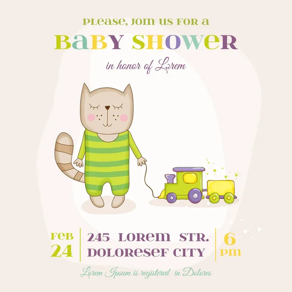 Μωρό γάτα με ένα τρένο - ντους μωρών ή κάρτα άφιξης - διάνυσμα — Διανυσματικό Αρχείο