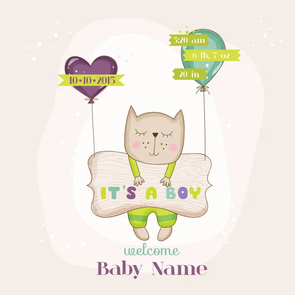 Gato bebé con globos - Baby Shower o tarjeta de llegada - en vector — Vector de stock