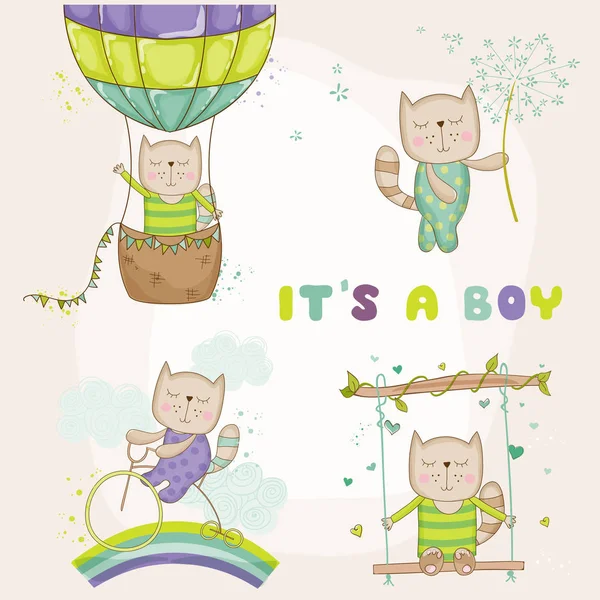 赤ちゃん猫セット - ベビー シャワーの赤ちゃんの到着カード - ベクトル — ストックベクタ