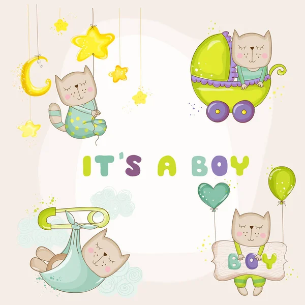 Zestaw dziecięcy Cat - Baby Shower lub karty przyjazdu Baby - w wektor — Wektor stockowy