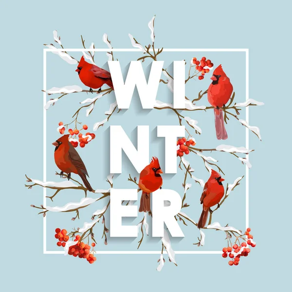 Diseño de Navidad de invierno en Vector. Winter Birds with Rowan Berries Retro Background (en inglés). Camiseta Fashion Graphic . — Archivo Imágenes Vectoriales