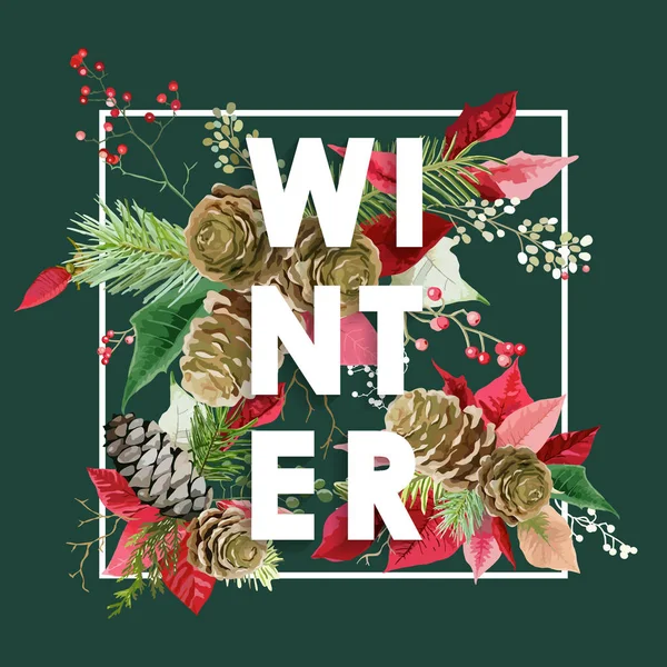 Kış Noel tasarım vektör. Kış çiçekleri Pines Retro arka plan ile. T-shirt Moda grafiği. — Stok Vektör