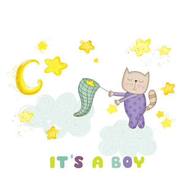 Baby Shower or Arrival Card - Baby Cat Catching Stars - in vector — Stockvector