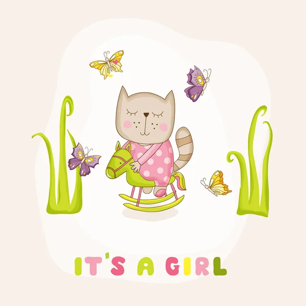 Baby Girl Cat en un caballo - Baby Shower o tarjeta de llegada - en vector — Archivo Imágenes Vectoriales