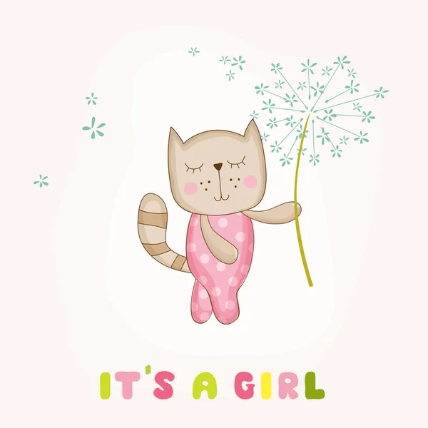 Baby Girl Cat Holding Flower - Baby Shower o Arrival Card - in vettore — Vettoriale Stock