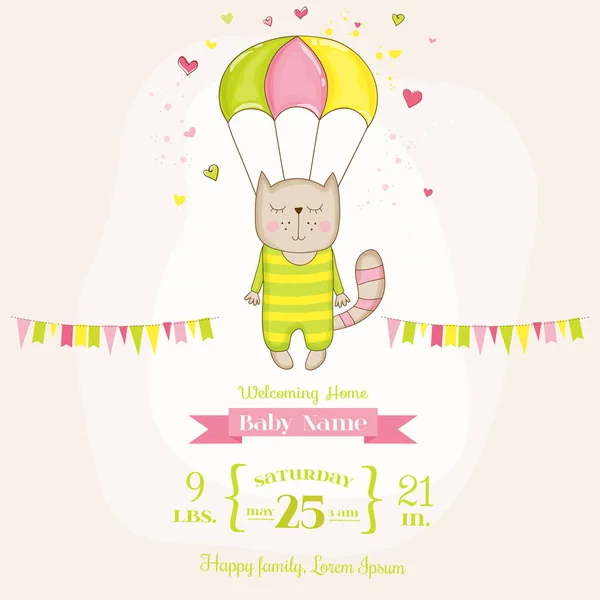 Baby Shower o tarjeta de llegada - Baby Girl Cat volando con un paracaídas - en vector — Vector de stock