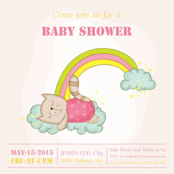 Baby Girl Cat Dormire su un Arcobaleno - Baby Shower o Arrival Card - in vettore — Vettoriale Stock