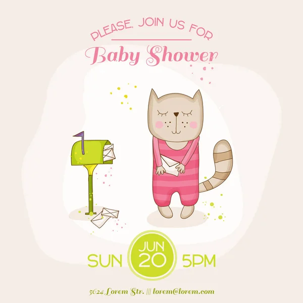 Baby Girl Cat com correio - Chuveiro de bebê ou cartão de chegada - em vetor —  Vetores de Stock