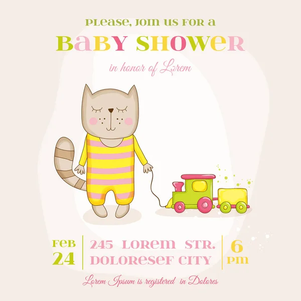 Baby Girl Cat con un treno - Baby Shower o Arrival Card - in vettore — Vettoriale Stock